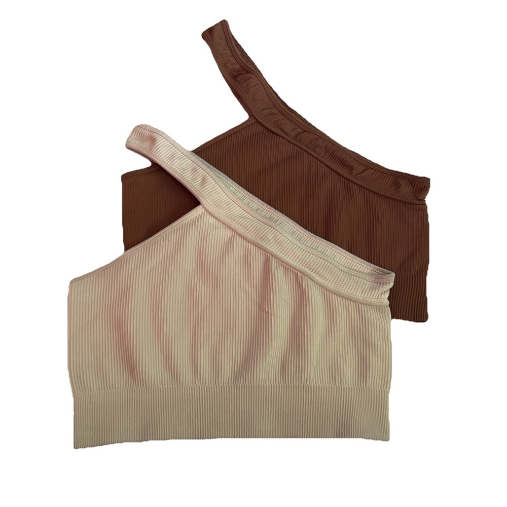 OQQ 2pc Ribbed One Shoulder Sports Bra Womensโ Large Beige Brown Wo